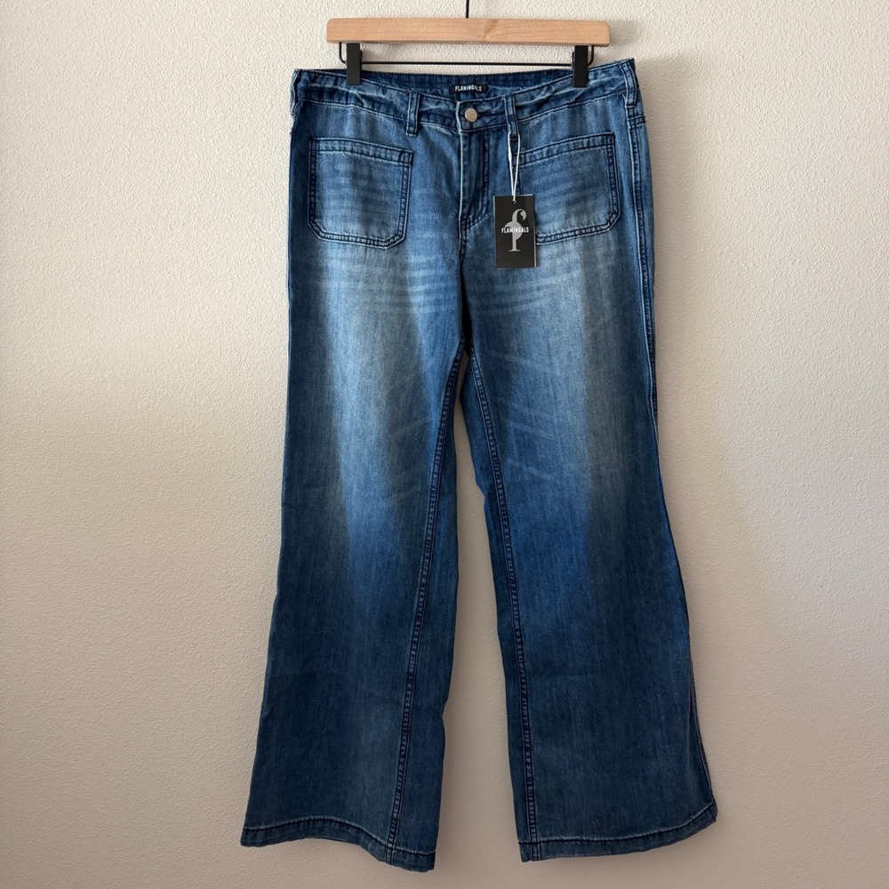 FLAMINGALS Women Jeans Wide Leg Patch Pocket Stretch Retro Boho Size L